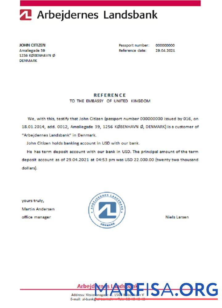 Printable Denmark Arbejdernes Landsbank reference sample